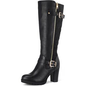 Women Black Pu Knee High Fashion Chunky Block Heel Side Zipper Warm Winter Boot